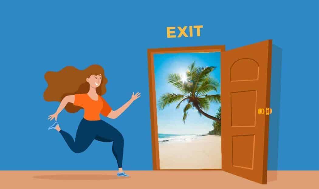 cartoon-woman-running-towards-door-to-exit-timeshare-team-vacation-depiction