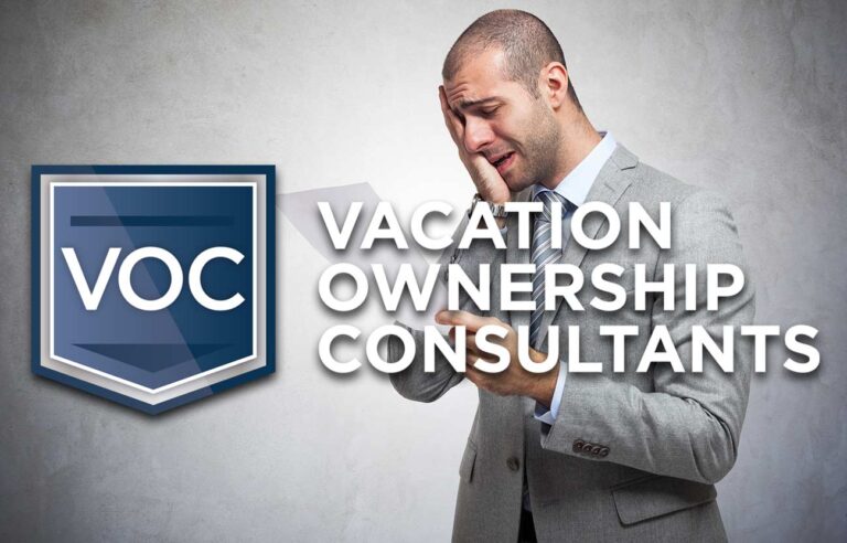 vacation ownership consultants logo in front of sobbing middle aged man with buzzed haircut in suit and tie reading timeshare contract terms for the first time