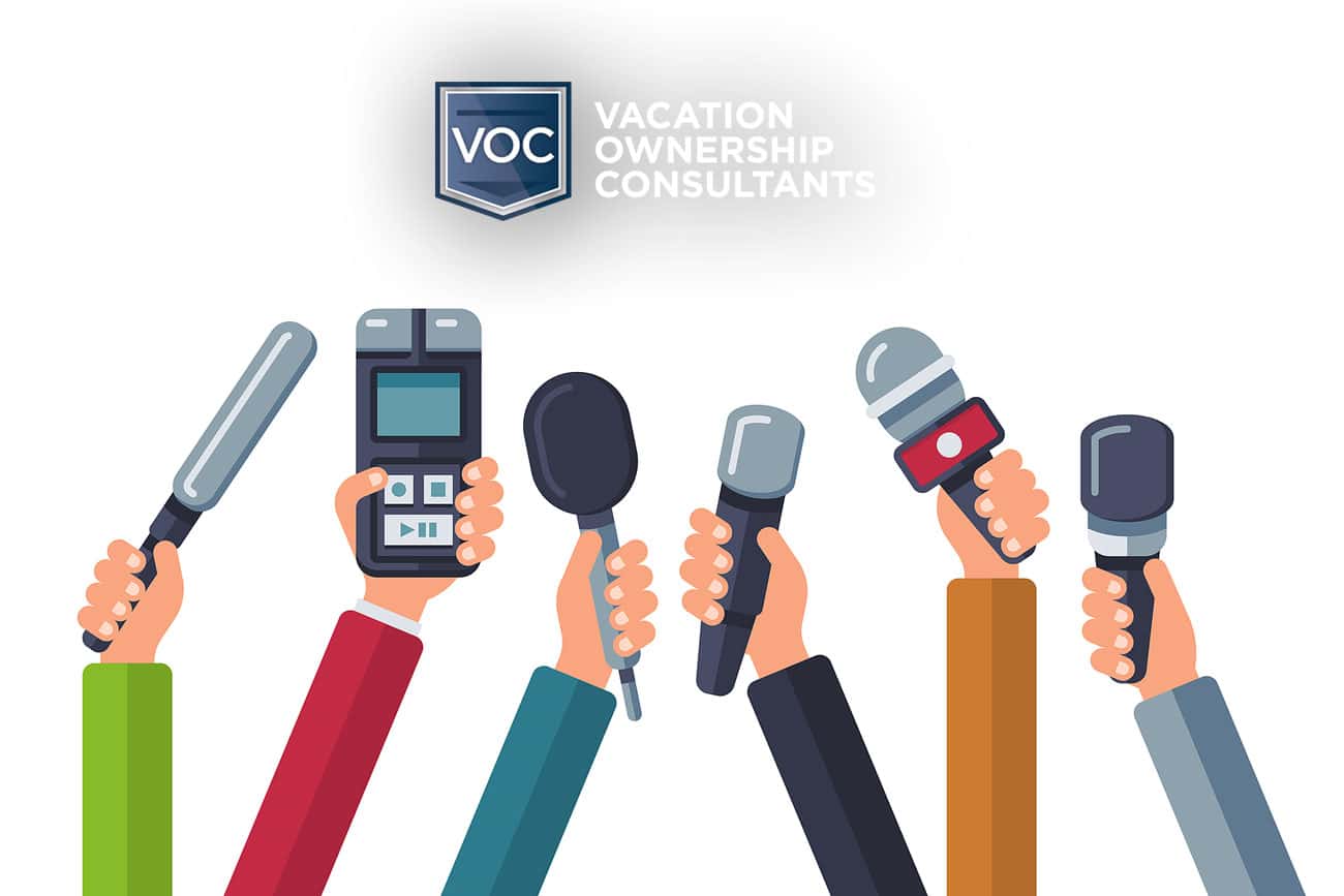 array of media microphones pointed at voc for timeshare related news story where cnbc claims to know how to exit timeshares during covid-19 pandemic in america