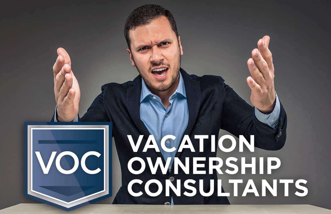 younger dad in tie waiving arms at timeshare company for pushing growth over owner satisfaction during covid pandemic