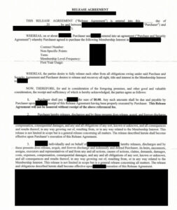 Florida Timeshare Release Agreement Zero Dollar Settlement