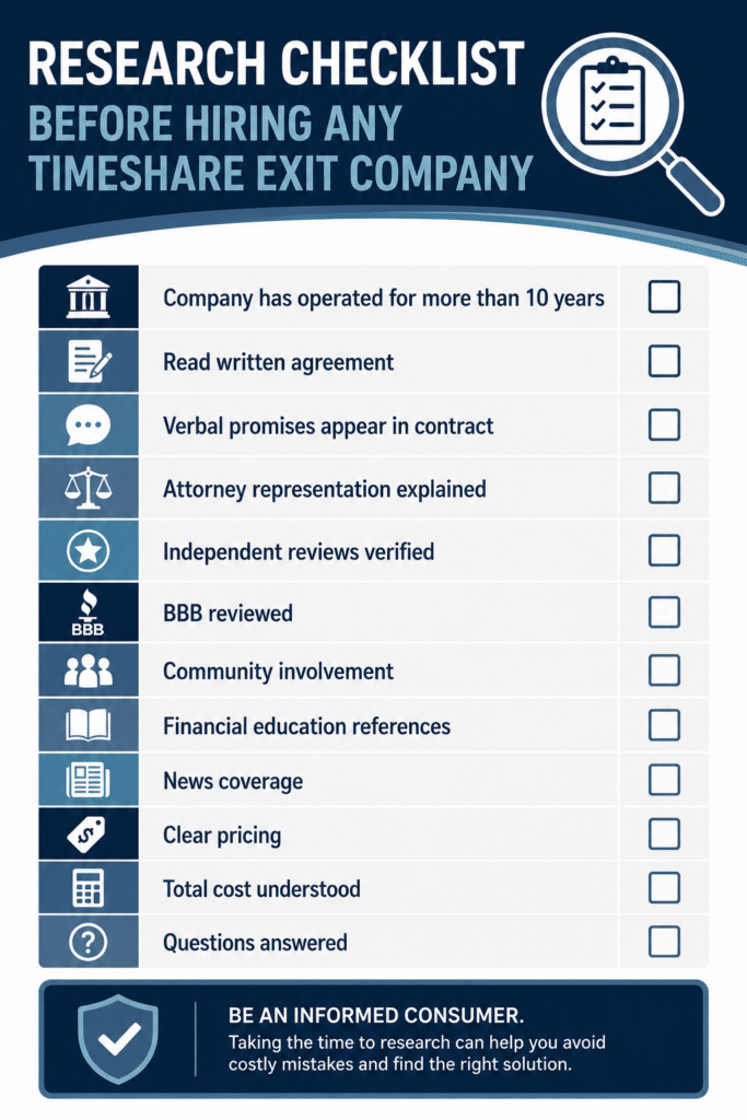 Research Checklist Before Hiring Any Timeshare Exit Company
